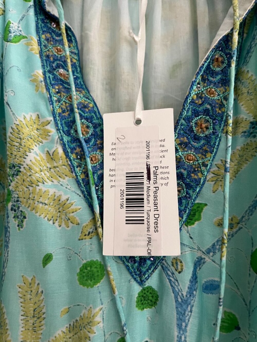 NWT Bella Tu $295 Turquoise Beaded Sequin Palms Peasant Dress Womens M - Picture 4 of 10